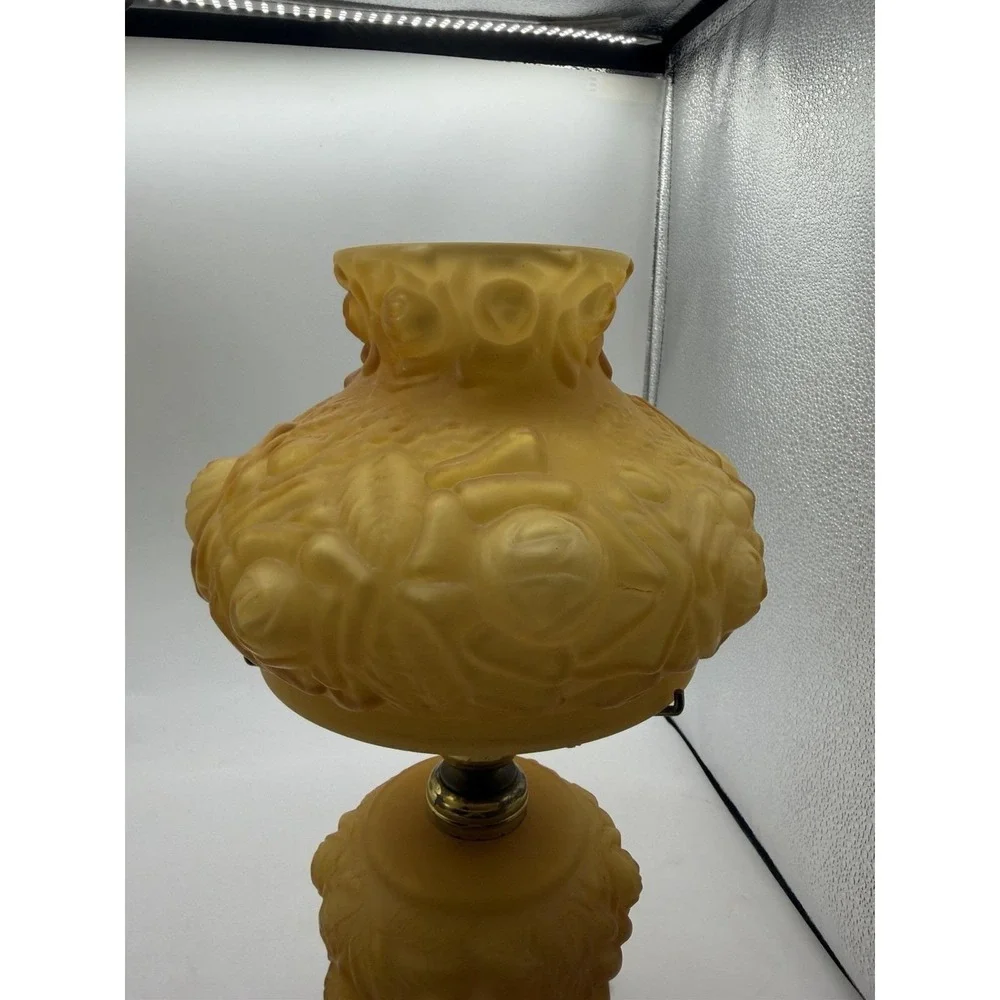 Fenton L.G. Wright Honey Amber Cased Glass Embossed Roses Electric Table Lamp